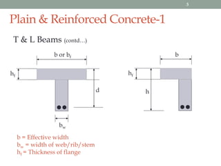 Plain & Reinforced Concrete-1
T & L Beams (contd…)
d h
b or bf b
hf
bw
b = Effective width
bw = width of web/rib/stem
hf =...