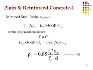 Plain & Reinforced Concrete-1
Balanced Steel Ratio, ρb(contd…)
ybys fd)b(ρfAT ×××==
For the longitudinal equilibrium
cCT =...