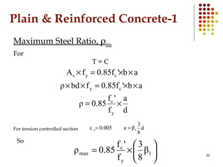 Plain & Reinforced Concrete-1
Maximum Steel Ratio, ρmax
For
T = C
ab'0.85ffA cys ××=×
ab'0.85ffbdρ cy ××=××
d
a
f
'f
0.85ρ...