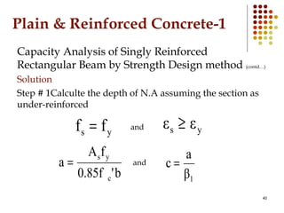 Plain & Reinforced Concrete-1
Capacity Analysis of Singly Reinforced
Rectangular Beam by Strength Design method (contd…)
S...