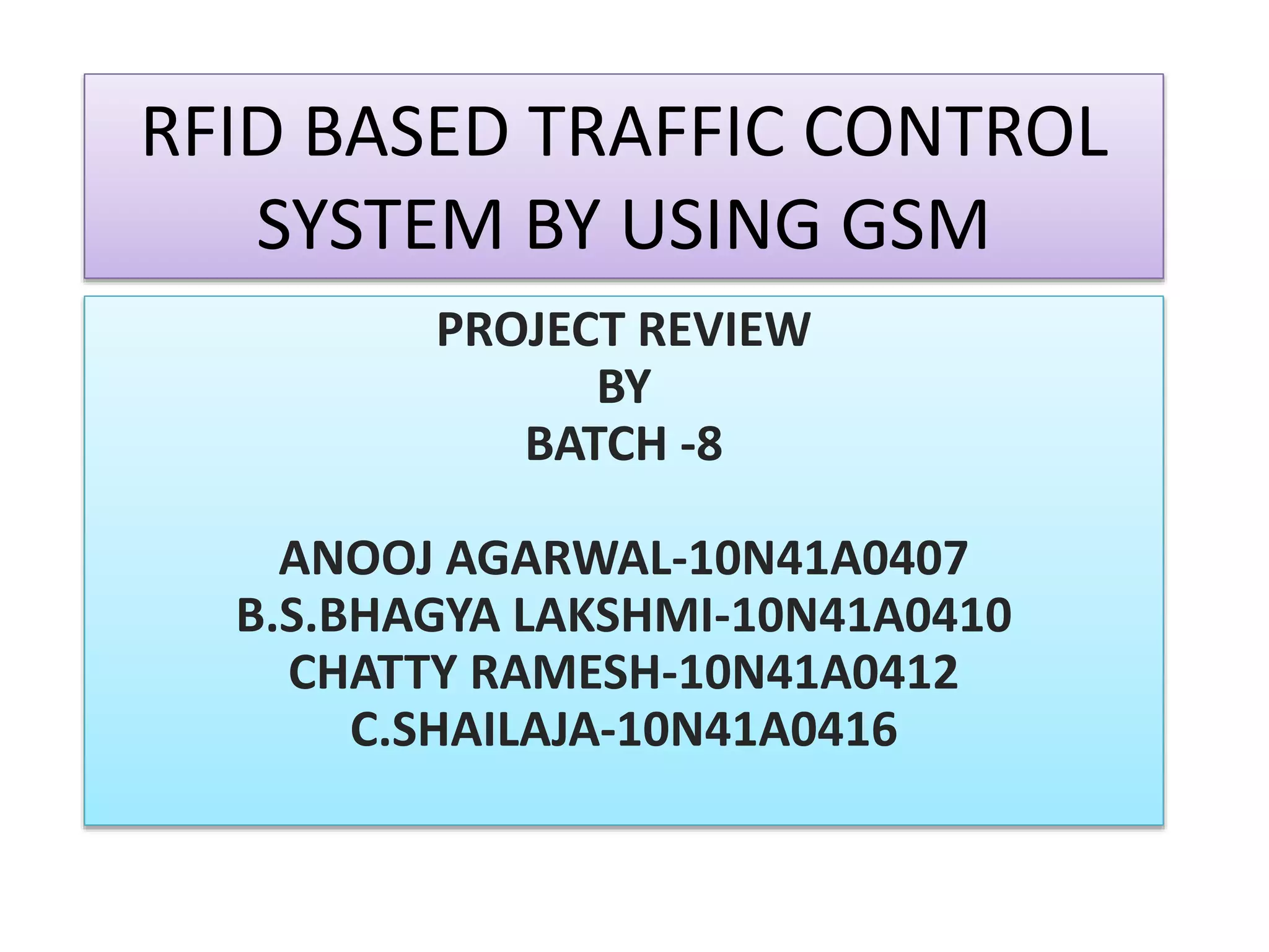 RFID BASED TRAFFIC CONTROL
SYSTEM BY USING GSM
PROJECT REVIEW
BY
BATCH -8
ANOOJ AGARWAL-10N41A0407
B.S.BHAGYA LAKSHMI-10N41A0410
CHATTY RAMESH-10N41A0412
C.SHAILAJA-10N41A0416
 