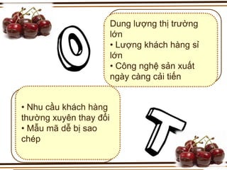 Dung lượng thị trường
                        lớn
                        • Lượng khách hàng sỉ
                        lớn
                        • Công nghệ sản xuất
                        ngày càng cải tiến


• Nhu cầu khách hàng
thường xuyên thay đổi
• Mẫu mã dễ bị sao
chép
 
