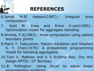 REFERENCES
6.Ismat M.EI Hassan(1987).: Irregular area
computation
7. Said M. Easa and Emre K.can(1985).:
Optimization model for aggregate blending
8.Ahmed, F.A(1983).: Area computation using sailent
boundary points
9.Mario T. Tabucanon, Pakorn Adulbhan and Stephen
S. Y. Chen(1979): A probabilistic programming
model for blending aggregates.
10.Tom V. Mathew and K V Krishna Rao: Dry mix
design NPTEL- IIT Bombay.
11.B. Pollington: Using Excel to solve linear
 