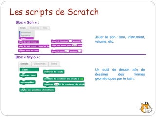 Les scripts de Scratch
Bloc « Son » :
Jouer le son : son, instrument,
volume, etc.
Bloc « Stylo » :
Un outil de dessin afin de
dessiner des formes
géométriques par le lutin.
12
 