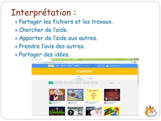 Interprétation :
Partager les fichiers et les travaux.
Chercher de l’aide.
Apporter de l’aide aux autres.
Prendre l’avis des autres.
Partager des idées.
9
 