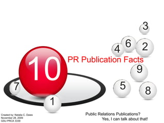 3 6 2 4 10 PR Publication Facts 9 5 7 8 1 Public Relations Publications? 		Yes, I can talk about that! Created by: Natalia C. Daies November 28, 2009 GSU PRCA 3339 