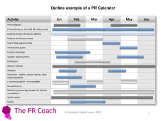 © Copyright, Debbie Leven, 2015 3
Activity Jan Feb Mar Apr May Jun
Press releases
Commenting on the back of other stories
Systems in place to source stories
Feature article placement
Guest blog opportunities
Information guide
Events/ meetings
Speaker opportunities
Exhibitions
Blog on website
Website
Materials – leaflet, annual review, hard
copy newsletter
E-communication – e-newsletter
Branded items
Monitoring coverage, keywords, stories,
competitors
Social media
Stunts
Outline example of a PR Calendar
 