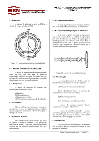TM 101 – TECNOLOGIA DO MOTOR
DIESEL I
5.7.3 - Fechada 6.1.3 – Engrenagens auxiliares
A válvula de admissão se abre no PMS e a
válvula de escape se fecha no PMS.
É uma engrenagem usada em alguns motores
para acionar a bomba de combustível ou lubrificante.
6.1.4 – Alojamento da engrenagem de distribuição
É a parte na qual é assentada a engrenagem
que aciona a árvore. Torna-se solidário a engrenagem
por meio de chavetas ou cunhas. A engrenagem é
afixada por porca ou parafusos com travas. Para a
montagem da árvore usam-se placas de encosto que
limitam o jogo longitudinal e também evitam que a
árvore se desloque do seu alojamento.
Figura 13 - Sistema de distribuição cruzada fechada
6.0 - ARVORE DE COMANDO DE VÁLVULAS
A árvore de comando de válvulas apresenta-se
como um eixo com uma série de saliências
denominadas ressaltos , no quais são ligados à árvore
de manivelas por intermédio de engrenagens (comando
direto) ou por corrente (comando indireto).
Figura 14 – Árvore de comando de válvulas
6.2 – Classificação
As árvores de comando de válvulas podem ser
classificadas de acordo com os aspectos seguintes:
6.1 – Constituição
a)Pelo ciclo de funcionamento do motorA árvore de comando de válvulas está
constituída pelas seguintes partes:
Nesta classificação temos os motores de
quatro tempos e motores de dois tempos;a) Ressaltos;
b) Mancais de apoio;
b)Pela estrutura da árvorec) Engrenagem auxiliar;
d) Alojamento da engrenagem de distribuição.
Esta classificação se subdivide em duas:
6.1.1 – Ressaltos
- Arvore de comande inteiriço: Usa-se
somente uma arvore para todo o motor.São as saliências que acionam o mecanismo
das válvulas, bombas de injeção individuais, unidades
injetoras, injetores mecânicos e válvulas de ar para o
arranque do motor.
- Árvore de comando seccionada: Usadas
em motores grandes. Constitui-se de eixos curtos que
são instalados por secções no motor. Cada secção
comanda um cilindro ou grupo de cilindros.6.1.2 – Mancais de apoio
São superfícies circulares usinadas que serve
de suporte a árvore de comando, e se apóiam em
bronzinas ou buchas. Tanto estas como os apoios são
maiores que os ressaltos, possibilitando uma fácil
desmontagem.
6.3 – Construção
________________________________________________________________________________________________
Capítulo 5: Componentes do Motor – Parte III- 29
São feitas de aço, em uma só peça, ou também
com os ressaltos postiços, os quais são afixados no eixo
por meio de parafusos.
 