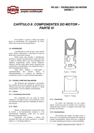 TM 101 – TECNOLOGIA DO MOTOR
DIESEL I
________________________________________________________________________________________________
Capítulo 6: Componentes do Motor – Parte IV- 31
CAPÍTULO 6: COMPONENTES DO MOTOR –
PARTE IV
Este capítulo é a quarta, e última, das quatro
partes da apresentação dos componentes do motor
Diesel, bem como de suas características.
1.0 - INTRODUÇÃO
Considerando-se o fato de que o motor Diesel
possui muitos componentes, a descrição de cada um
deles torna o tema muito extenso.
Sendo assim, para facilitar o entendimento
dividiu-se o assunto em quatro partes, sendo este texto
a quarta (e última) delas e faz uma abordagem dos
seguintes componentes: tichos, varetas, balancins,
cabeçote, válvulas, sedes, guias, molas, mostrando suas
características, classificações e sua importância para o
bom funcionamento do motor.
Além disto, também é mencionada a
superalimentação dos motores diesel, os
turboalimentadores, os coletores de admissão e
escapamento, juntas e o motor de partida pneumático.
2.0 – TUCHOS, VARETAS E BALANCINS
São elementos que transmitem o movimento
dos ressaltos da árvore de comande de válvulas até as
válvulas, para que estas realizem a abertura e o fecha
mento durante o ciclo de trabalho correspondente.
2.1 – Tuchos
2.1.1 – Constituição dos tuchos
São constituídos por um corpo de forma
cilíndrica e, em alguns casos, os seus interiores é oco,
com aberturas laterais que têm a finalidade de reduzir o
peso da peça.
2.1.2 - Tipos
Quanto ao funcionamento existem dois tipos
de tuchos: o de funcionamento mecânico e o de
funcionamento hidráulico, sendo este, de pouca
aplicação em motores Diesel.
Geralmente, nos motores a Diesel, são
utilizados dois tipos de tuchos mecânicos: o cilindro
(figura 1) e o de flange (figura 2).
Figura 1 – Cilindro.
Figura 2 – Flange.
2.1.3 – Construção
Os tuchos são fabricados em aço cromo-
níquel. A parte que entra em contato com o ressalto é
endurecida para resistir ao desgaste provocado pela
pressão e pela fricção.
2.1.4 - Características
Para facilitar sua rotação, em alguns casos, o
tucho tem o seu alojamento descentrado em relação ao
ressalto correspondente. Outros tipos têm a superfície
de contato abaulada para alcançar a mesma finalidade.
 