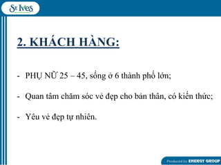 2. KHÁCH HÀNG:
- PHỤ NỮ 25 – 45, sống ở 6 thành phố lớn;

- Quan tâm chăm sóc vẻ đẹp cho bản thân, có kiến thức;
- Yêu vẻ đẹp tự nhiên.

 