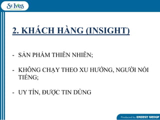 2. KHÁCH HÀNG (INSIGHT)
- SẢN PHẨM THIÊN NHIÊN;

- KHÔNG CHẠY THEO XU HƢỚNG, NGƢỜI NỔI
TIẾNG;
- UY TÍN, ĐƢỢC TIN DÙNG

 
