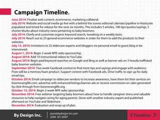 Campaign Timeline.
TimelineBy Design Inc. joan@bydesign-inc.com
(504) 421-8307
June 2014: Finalize web content, ecommerce, marketing collateral.
July 2014: Website and social media go live with a behind the scenes editorial calendar/pipeline in Hootsuite
populated and timed for release for the next six months. This includes 5 articles, 100 tips/quotes/sayings, 5
shorter blurbs about industry news pertaining to baby boomers.
July 2014: Clarify and customize organic keyword search, tweaking on a weekly basis.
July 2014: Reach out to 25 general ecommerce websites in order for them to add the products to their
websites.
July 15, 2014: Invitations to 25 eldercare experts and bloggers via personal email to guest blog or be
interviewed.
August 1, 2014: Begin 2 week NPR radio sponsorship.
August 2014: Add 10 instructional videos to YouTube.
August 2014: Begin paid keyword searches on Google and Bing as well as banner ads on 3 heavily trafficked
baby boomer websites.
September 2014: Two week Facebook contest to find more tips and sayings and engage with audience.
Prize will be a memory foam product. Support contest with Facebook ads. Drive traffic to sign up for daily
email tips.
October 2014: Email campaign to eldercare vendors to increase awareness, have them list their services on
boomeranglife.com, advertise with enhanced listings/banner ads or receive commission on sales generated
by click-through from boomeranglife.org.
October 15, 2014: Begin 2 week NPR radio sponsorship.
November 2014: Free webinar targeting baby boomers about how to handle caregiver stress and valuable
resources to help navigate caring for aging parents. Done with another industry expert and published
afterward on YouTube and Slideshare.
December 2014: Evaluation and wrap up of plan.
 