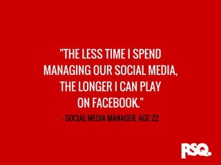 "THE LESS TIME I SPEND
MANAGING OUR SOCIAL MEDIA,
THE LONGER I CAN PLAY
ON FACEBOOK."
- SOCIAL MEDIA MANAGER, AGE 22
 
