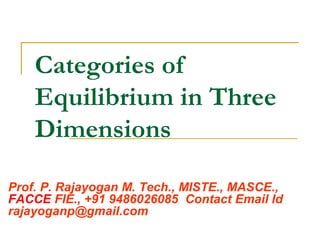 Categories of Equilibrium in Three Dimensions 
Prof. P. Rajayogan M. Tech., MISTE., MASCE., FACCE FIE., +91 9486026085 Contact Email Id rajayoganp@gmail.com P 
Rajayo 
gan 
Digitally signed by P 
Rajayogan 
DN: cn=P 
Rajayogan, o, ou, 
email=rajayopganp 
@gmail.com, c=IN 
Date: 2014.09.22 
19:50:59 +05'30' 
 