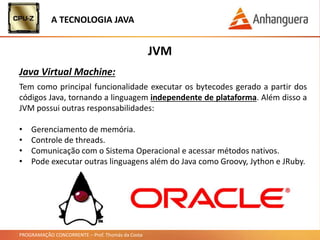 PROGRAMAÇÃO CONCORRENTE – Prof. Thomás da Costa
Tem como principal funcionalidade executar os bytecodes gerado a partir dos
códigos Java, tornando a linguagem independente de plataforma. Além disso a
JVM possui outras responsabilidades:
• Gerenciamento de memória.
• Controle de threads.
• Comunicação com o Sistema Operacional e acessar métodos nativos.
• Pode executar outras linguagens além do Java como Groovy, Jython e JRuby.
JVM
Java Virtual Machine:
A TECNOLOGIA JAVA
 