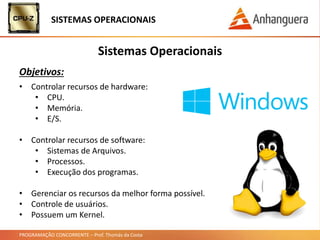 PROGRAMAÇÃO CONCORRENTE – Prof. Thomás da Costa
• Controlar recursos de hardware:
• CPU.
• Memória.
• E/S.
• Controlar recursos de software:
• Sistemas de Arquivos.
• Processos.
• Execução dos programas.
• Gerenciar os recursos da melhor forma possível.
• Controle de usuários.
• Possuem um Kernel.
Sistemas Operacionais
Objetivos:
SISTEMAS OPERACIONAIS
 