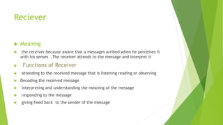 Reciever
 Meaning
 the receiver because aware that a messages arribed when he perceives it
with his senses .The receiver attends to the message and interpret it
 Functions of Receiver
 attending to the received message that is listening reading or observing
 Decoding the received message
 interpreting and understanding the meaning of the message
 responding to the message
 giving Feed back to the sender of the message
 