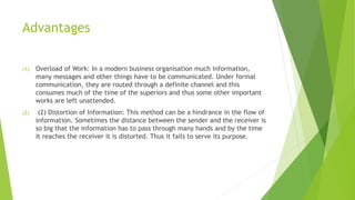 Advantages
(1) Overload of Work: In a modern business organisation much information,
many messages and other things have to be communicated. Under formal
communication, they are routed through a definite channel and this
consumes much of the time of the superiors and thus some other important
works are left unattended.
(2) (2) Distortion of Information: This method can be a hindrance in the flow of
information. Sometimes the distance between the sender and the receiver is
so big that the information has to pass through many hands and by the time
it reaches the receiver it is distorted. Thus it fails to serve its purpose.
 