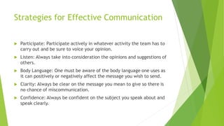 Strategies for Effective Communication
 Participate: Participate actively in whatever activity the team has to
carry out and be sure to voice your opinion.
 Listen: Always take into consideration the opinions and suggestions of
others.
 Body Language: One must be aware of the body language one uses as
it can positively or negatively affect the message you wish to send.
 Clarity: Always be clear on the message you mean to give so there is
no chance of miscommunication.
 Confidence: Always be confident on the subject you speak about and
speak clearly.
 