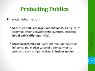 Protecting Publics
Financial information
• Securities and Exchange Commission (SEC) regulates
communication activities with investors, including
initial public offerings (IPOs).
• Material information is any information that could
influence the market value of a company or its
products, such as tips involved in insider trading.
Kelleher,PublicRelations,1e
OxfordUniversityPress
20
 