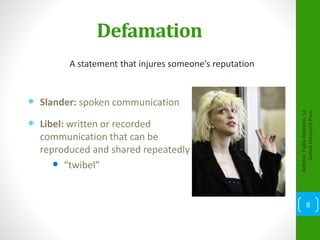 Defamation
A statement that injures someone’s reputation
Kelleher,PublicRelations,1e
OxfordUniversityPress
8
 Slander: spoken communication
 Libel: written or recorded
communication that can be
reproduced and shared repeatedly
 “twibel”
 