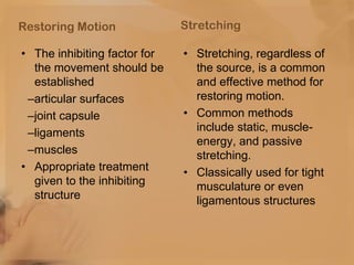 Restoring Motion

Stretching

• The inhibiting factor for
the movement should be
established
–articular surfaces
–joint ca...