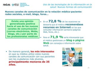 Uso de las tecnologías de la información en la
                                       salud: Nuevas formas de comunicación

Nuevos canales de comunicación en la relación médico-paciente:
redes sociales, e-mail, blogs, foros…


     Existe una opinión     • En el 72,8 % de las ocasiones se
    generalizada positiva     desearía que el médico recomendase
 hacia el uso de los nuevos
                              recursos en Internet en los que
  canales de comunicación     consultar información sanitaria (páginas
 (correo electrónico, Webs,   Web, foros, etc.).
  blogs, etc.) por parte de
 los profesionales médicos • Para el 71,9 % sería interesante que
                                 el médico gestionase un   blog o página
                                 Web      con consejos e información sobre
                                 salud.


• De manera general, los más interesados
  en que su médico utilice estos nuevos
  canales de comunicación con sus pacientes
  son los ciudadanos más jóvenes,
   principalmente menores de 35
   años.
                                                                             25
 