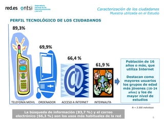 Caracterización de los ciudadanos
                                                           Muestra utilizada en el Estudio

PERFIL TECNOLÓGICO DE LOS CIUDADANOS

 89,3%


                  69,9%

                                 66,4 %
                                                                    Población de 16
                                                  61,9 %            años o más, que
                                                                    utiliza Internet

                                                                     Destacan como
                                                                    mayores usuarios
                                                                   los grupos de edad
                                                                   más jóvenes (16-24
                                                                      años) y los de
                                                                     mayor nivel de
                                                                         estudios
TELEFONÍA MOVIL   ORDENADOR   ACCESO A INTERNET   INTERNAUTA
                                                                        N = 5.500 individuos

       La búsqueda de información (83,7 %) y el correo
  electrónico (66,3 %) son los usos más habituales de la red                               6
 