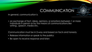 COMMUNICATION
In general, communication is
• an exchange of fact, ideas, opinions, or emotions between 1 or more
individuals in person or by the means of communications like
writing , speech, media etc.
Communication must be in 2-way and based on facts and honesty
• Release information or speak to the publics
• Be open to receive response and listen

 