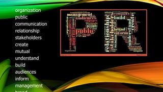 organization
public
communication
relationship
stakeholders
create
mutual
understand
build
audiences
inform
management

 