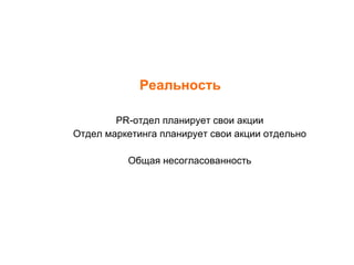 Реальность PR -отдел планирует свои акции Отдел маркетинга планирует свои акции отдельно Общая несогласованность 