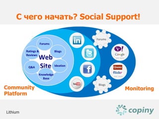 С чего начать? Social Support!




Community                      Monitoring
Platform


Lithium
 