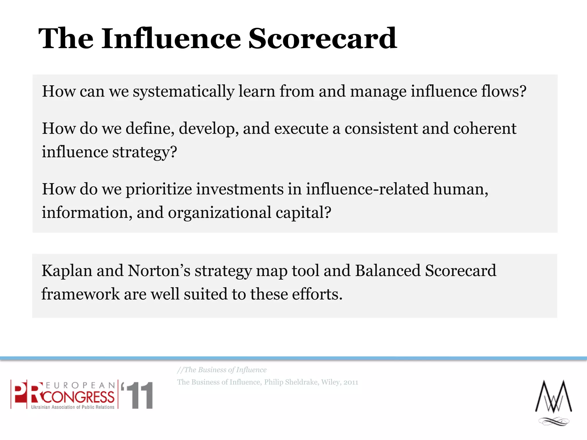The Influence ScorecardHow can we systematically learn from and manage influence flows?How do we define, develop, and execute a consistent and coherent influence strategy?How do we prioritize investments in influence-related human, information, and organizational capital?//The Business of InfluenceThe Business of Influence, Philip Sheldrake, Wiley, 201119Kaplan and Norton’s strategy map tool and Balanced Scorecard framework are well suited to these efforts.