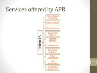 Services offered by APR 
SERVICES 
Public Relations 
Counseling 
Media Outreach 
Strategic Writing 
Government 
Relations 
Employee 
Relations 
Creative Design 
Community 
Relations 
CSR & 
Sustainability 
Event 
Management 
Issue & Crisis 
Management 
17 
 