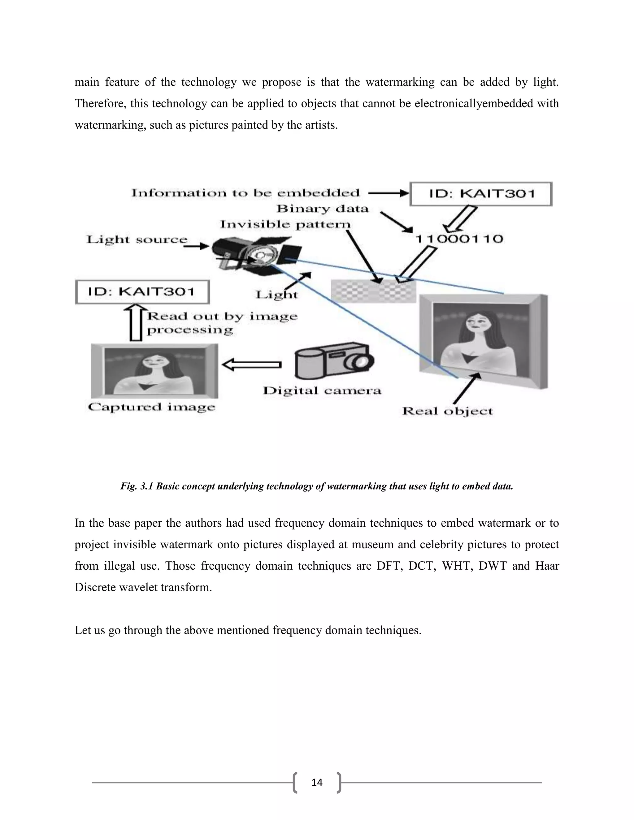 14
main feature of the technology we propose is that the watermarking can be added by light.
Therefore, this technology can be applied to objects that cannot be electronicallyembedded with
watermarking, such as pictures painted by the artists.
Fig. 3.1 Basic concept underlying technology of watermarking that uses light to embed data.
In the base paper the authors had used frequency domain techniques to embed watermark or to
project invisible watermark onto pictures displayed at museum and celebrity pictures to protect
from illegal use. Those frequency domain techniques are DFT, DCT, WHT, DWT and Haar
Discrete wavelet transform.
Let us go through the above mentioned frequency domain techniques.
 