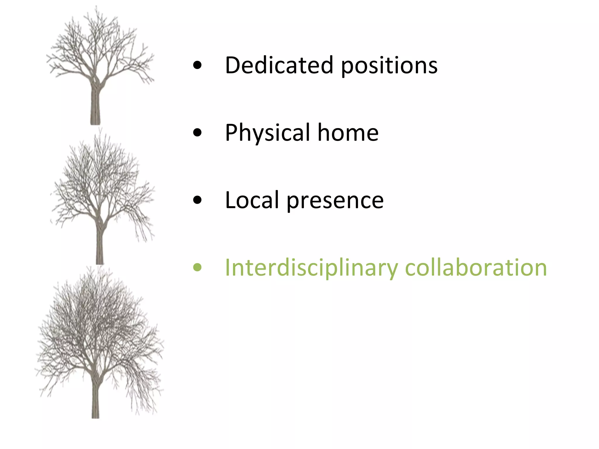 Dedicated positions  Physical home Local presence Interdisciplinary collaboration 