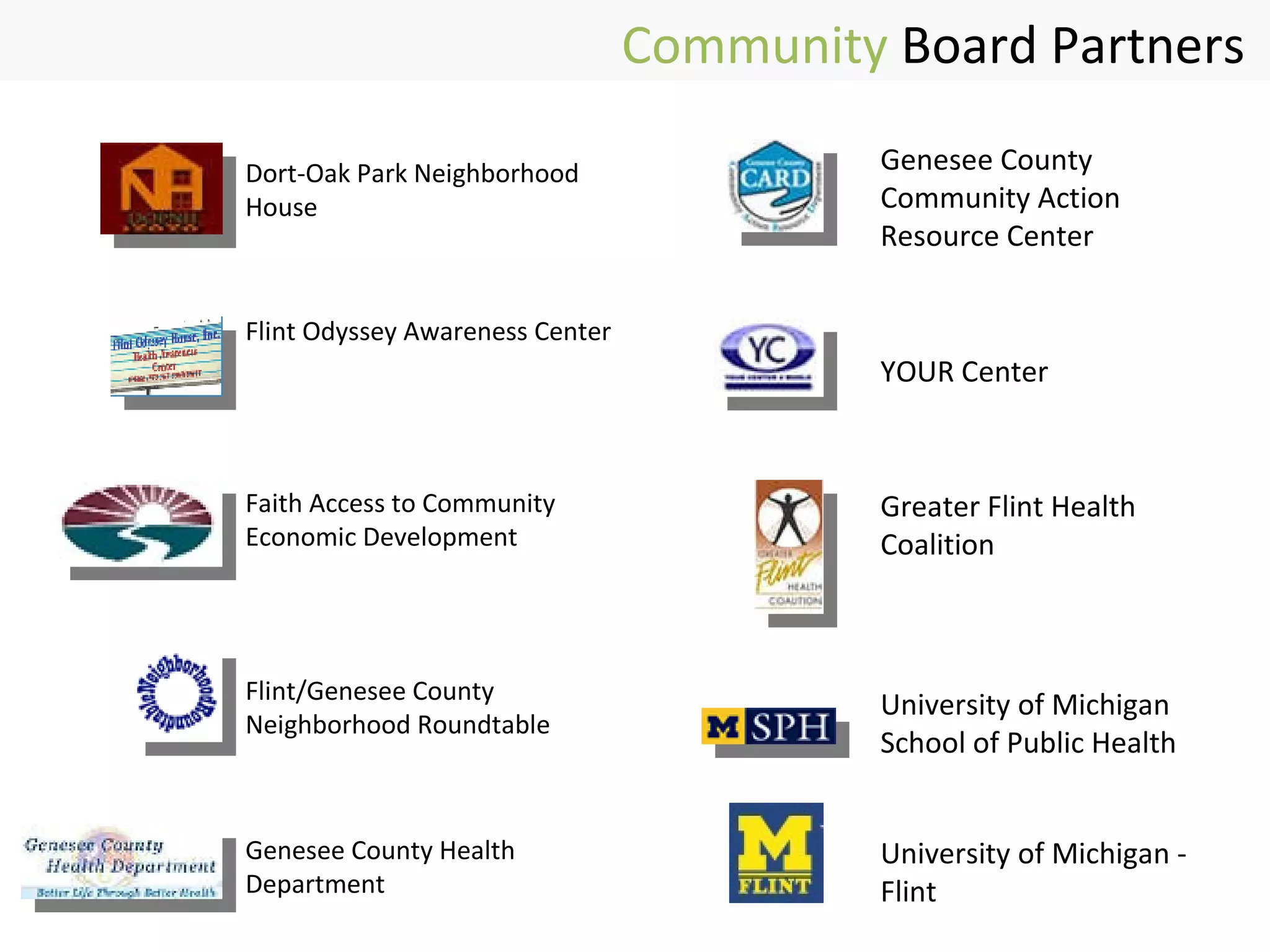 Dort-Oak Park Neighborhood House Flint Odyssey Awareness Center Faith Access to Community Economic Development Flint/Genesee County Neighborhood Roundtable Genesee County Health Department Genesee County Community Action Resource Center YOUR Center Greater Flint Health Coalition University of Michigan School of Public Health University of Michigan - Flint Community   Board Partners  