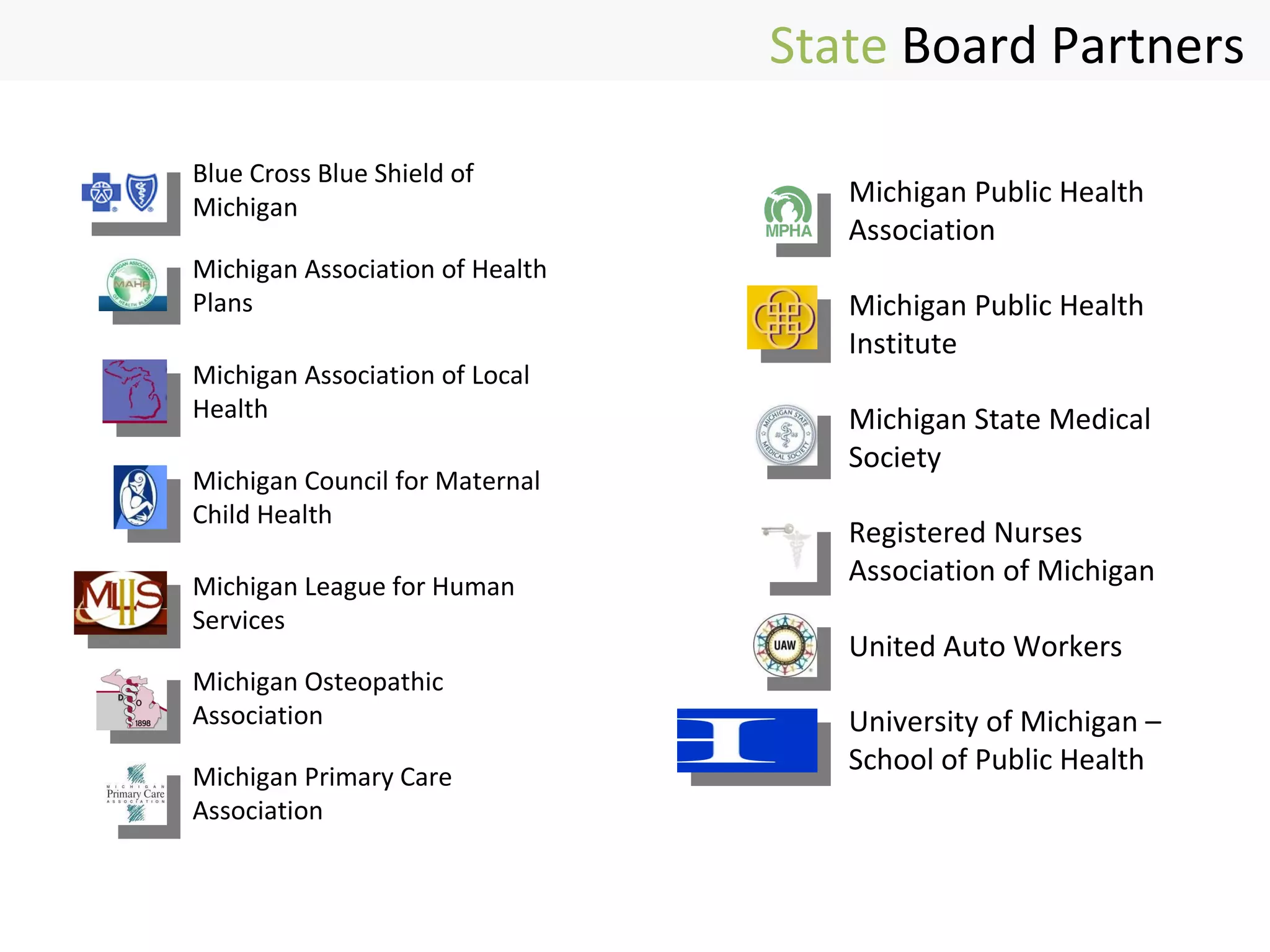 Blue Cross Blue Shield of Michigan Michigan Association of Health Plans Michigan Association of Local Health Michigan Council for Maternal Child Health Michigan League for Human Services Michigan Public Health Association Michigan State Medical Society Registered Nurses Association of Michigan United Auto Workers University of Michigan – School of Public Health State   Board Partners  Michigan Osteopathic Association Michigan Primary Care Association Michigan Public Health Institute 