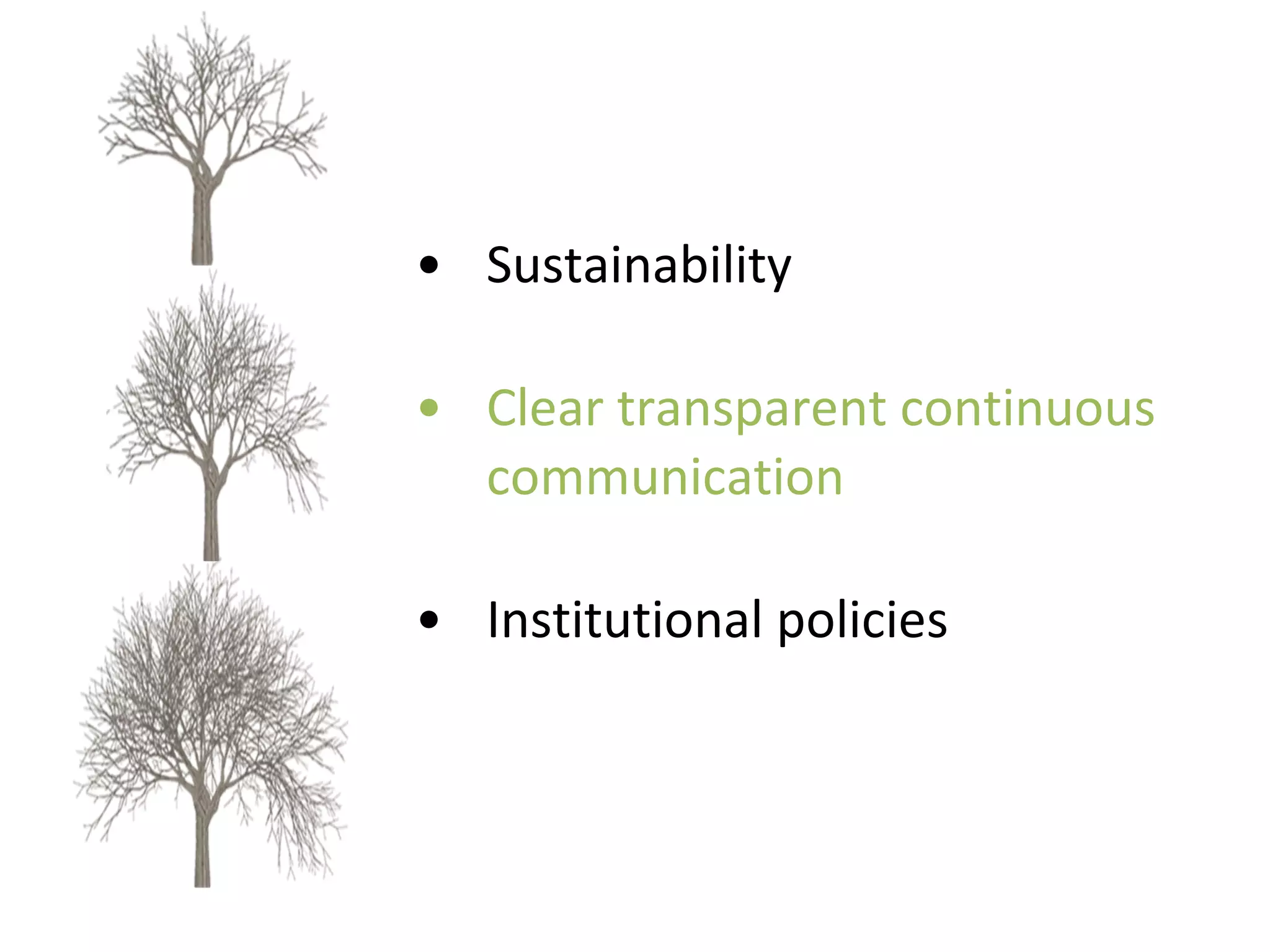 Sustainability Clear transparent continuous communication Institutional policies  