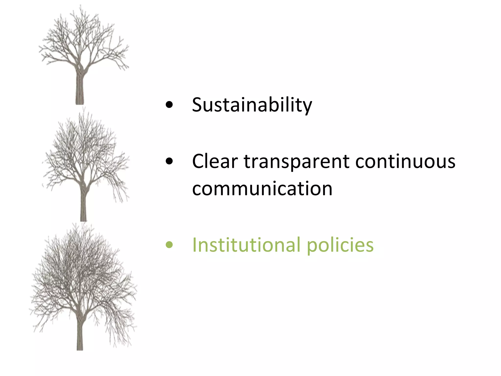 Sustainability Clear transparent continuous communication Institutional policies  