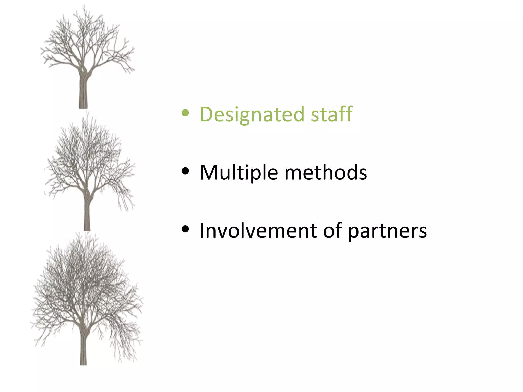 Designated staff Multiple methods Involvement of partners 