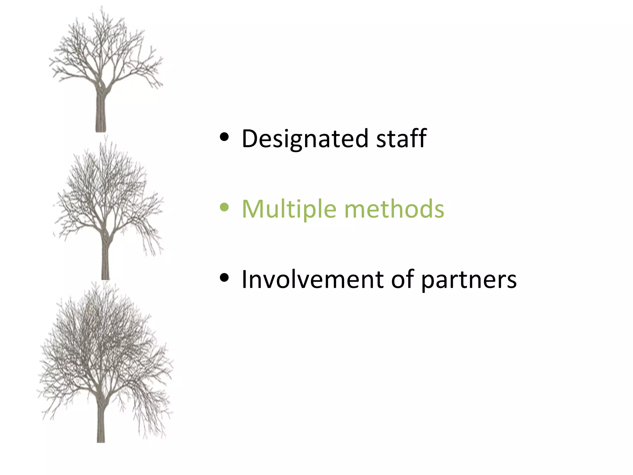 Designated staff Multiple methods Involvement of partners 