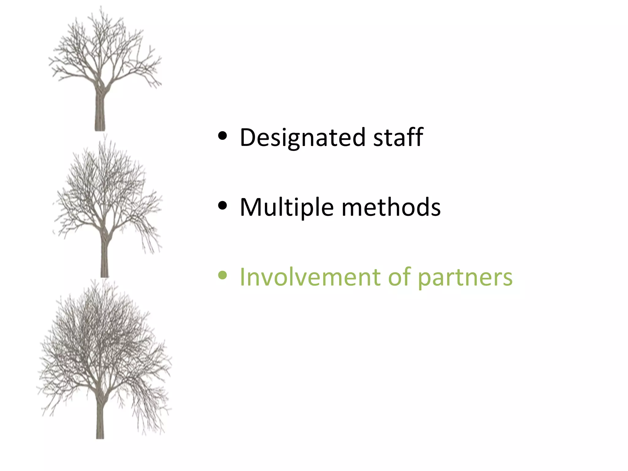 Designated staff Multiple methods Involvement of partners 