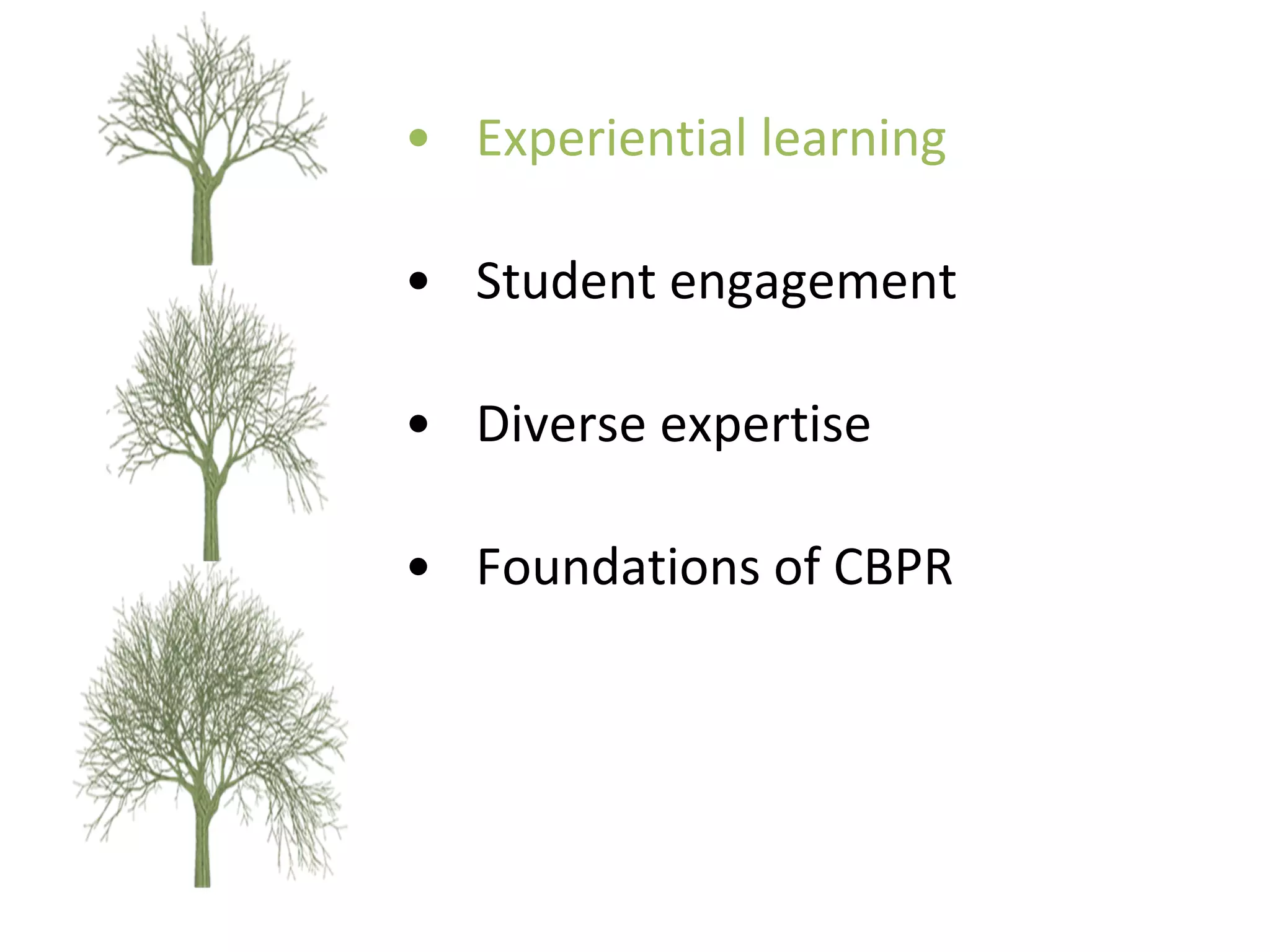Experiential learning Student engagement  Diverse expertise Foundations of CBPR 