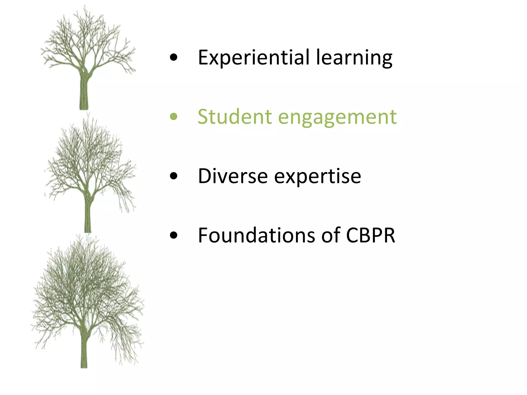 Experiential learning Student engagement  Diverse expertise Foundations of CBPR 