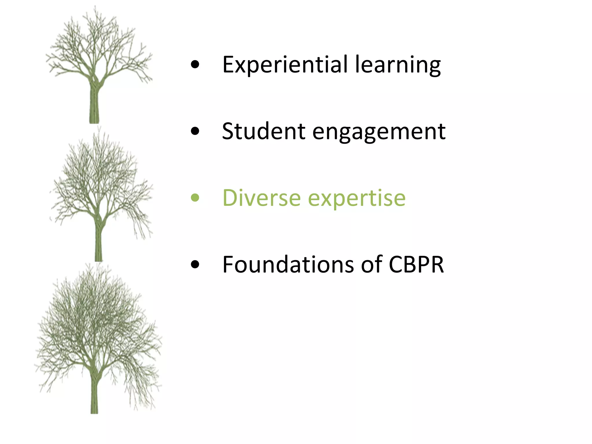 Experiential learning Student engagement  Diverse expertise Foundations of CBPR 