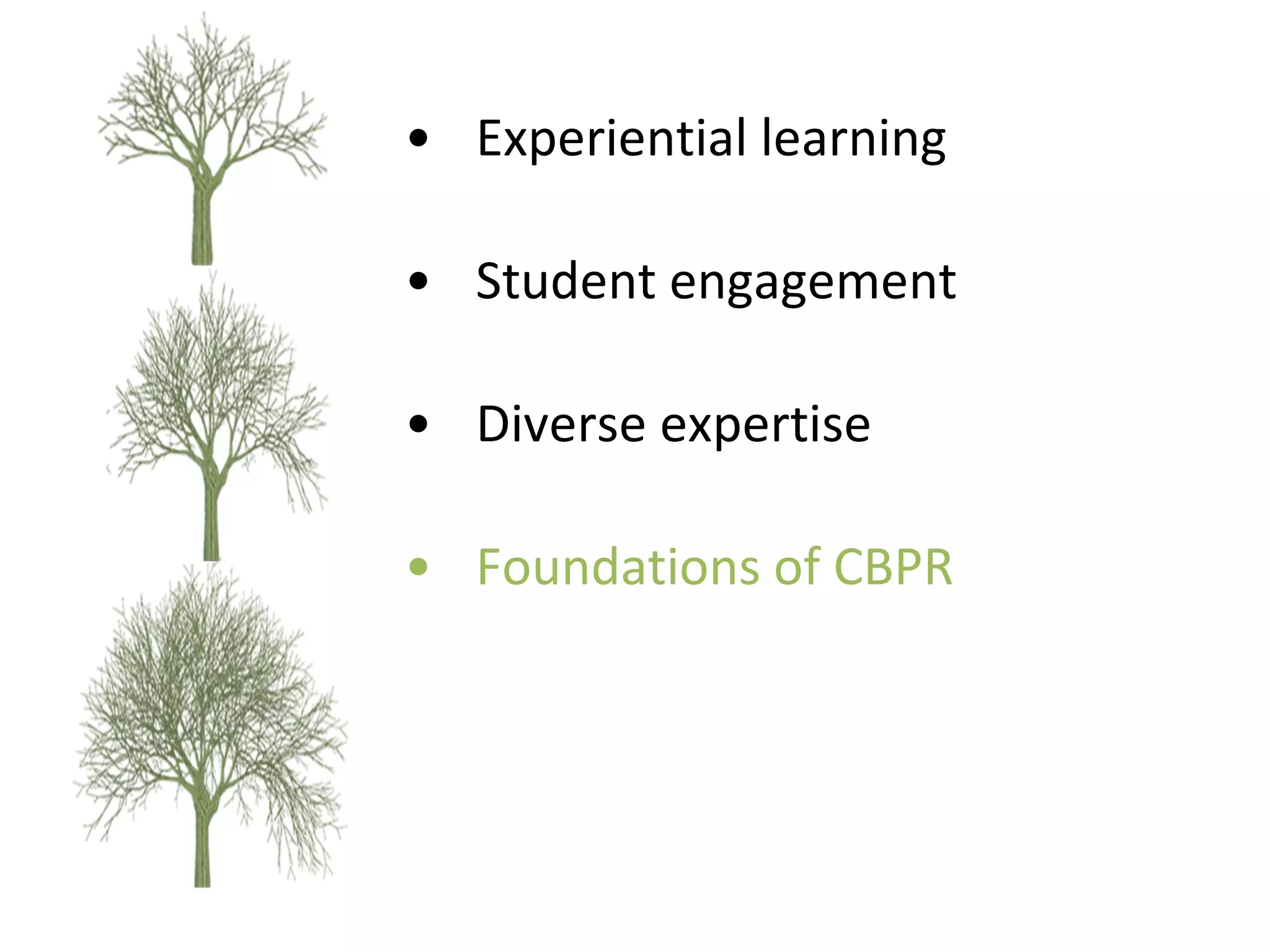 Experiential learning Student engagement  Diverse expertise Foundations of CBPR 