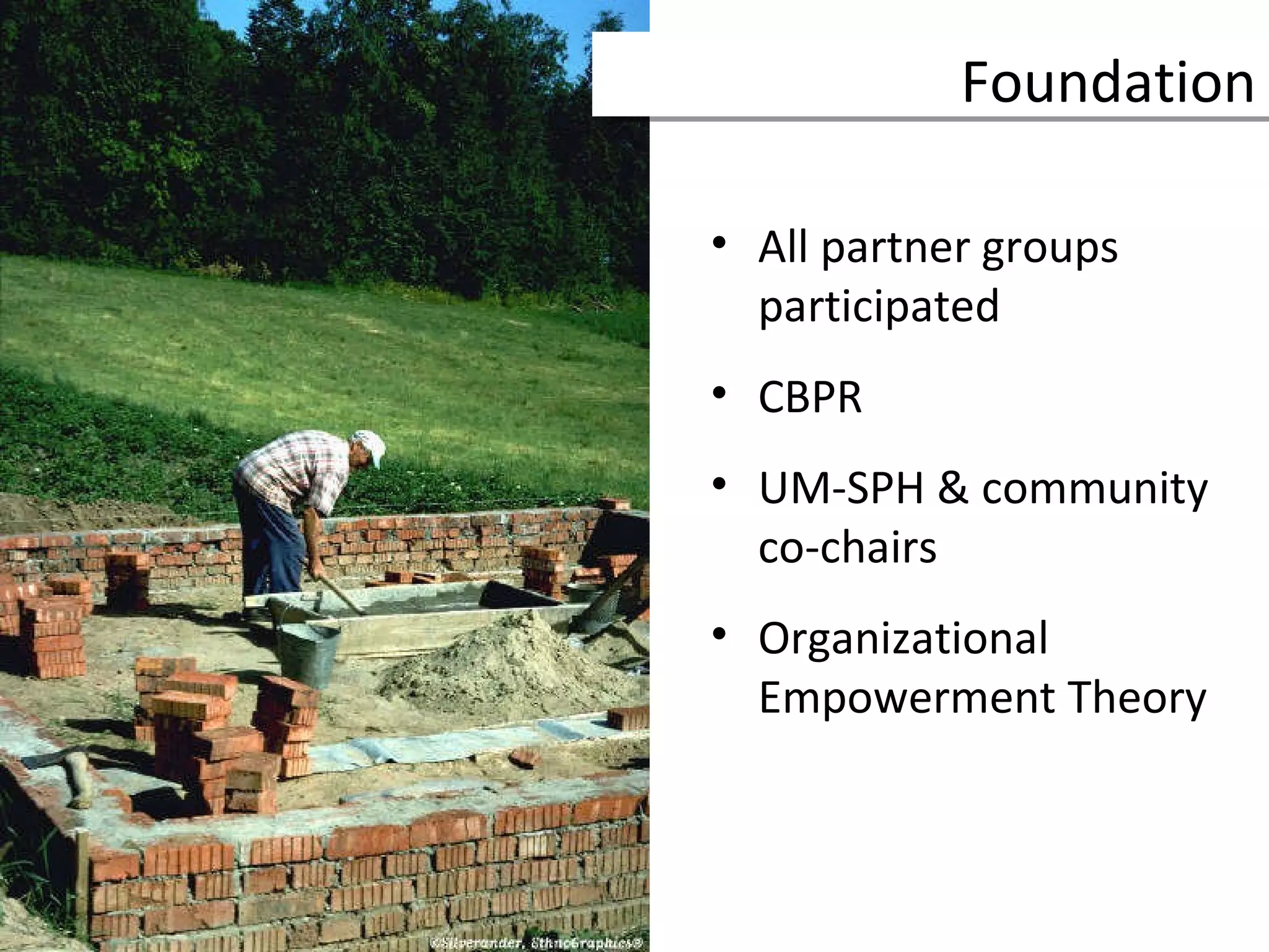 All partner groups participated CBPR UM-SPH & community co-chairs Organizational Empowerment Theory Foundation 