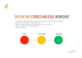 -­‐  Understanding that issues can disrupt business and damage reputations
-­‐  Prepare for potential crises and issues
-­‐  Steps to ensure the correct message is communicated
-­‐  Minimize harm to the organization
-­‐  Always towards
Dealing with crises and issue workshop
RED YELLOW GREEN
 