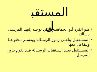 •
‫ل‬0
0‫المرس‬ ‫ا‬0
0‫إليه‬ ‫ه‬0
0‫يوج‬ ‫ي‬0
0‫الت‬ ‫ر‬0
0‫الجماهي‬ ‫و‬0
0‫أ‬ ‫الفرد‬ ‫و‬0
0‫ه‬
‫رسالته‬
•
‫ا‬0
0‫محتواه‬ ‫ر‬0
0‫ويفس‬ ‫الة‬0
0‫الرس‬ ‫رموز‬ ‫ى‬0
0‫يتلق‬ ‫تقبل‬0
0‫المس‬
‫معها‬ ‫ويتفاعل‬
•
‫بدور‬ ‫يقوم‬ ‫د‬00‫ق‬ ‫الة‬00‫الرس‬ ‫تقبال‬00‫اس‬ ‫د‬00‫بع‬ ‫تقبل‬00‫المس‬
‫المرسل‬
‫المستقب‬
‫ل‬
 